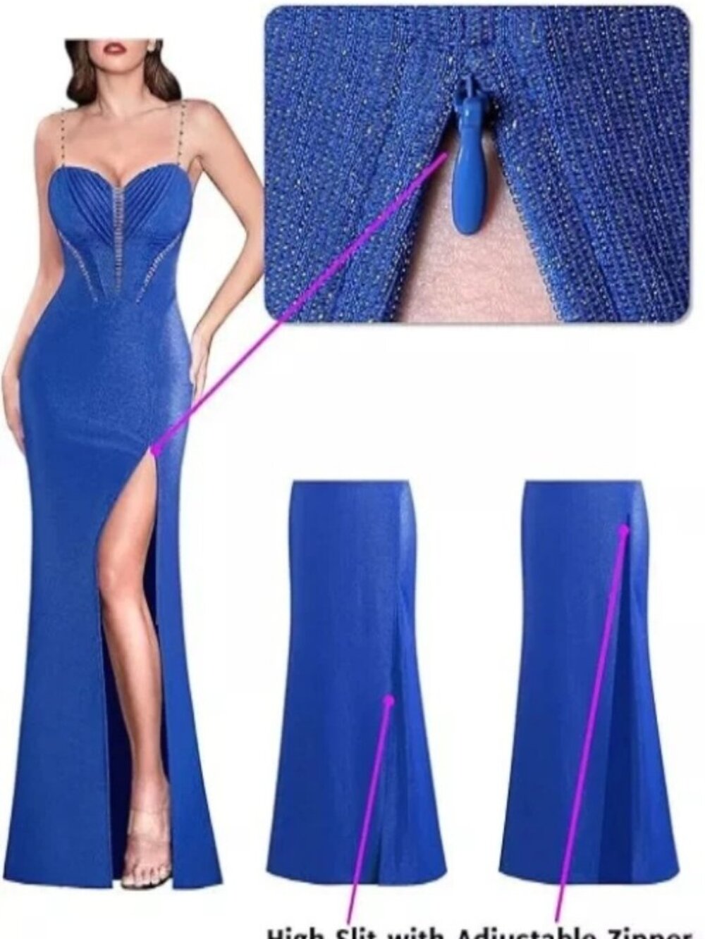 Women's Formal Beaded Spaghetti Strap Gown, Royal Blue, Size L